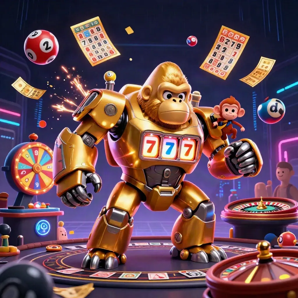 Golden gorilla slot-mech with monkey pilot amid casino lights, reels, balls, wheel and neon energy