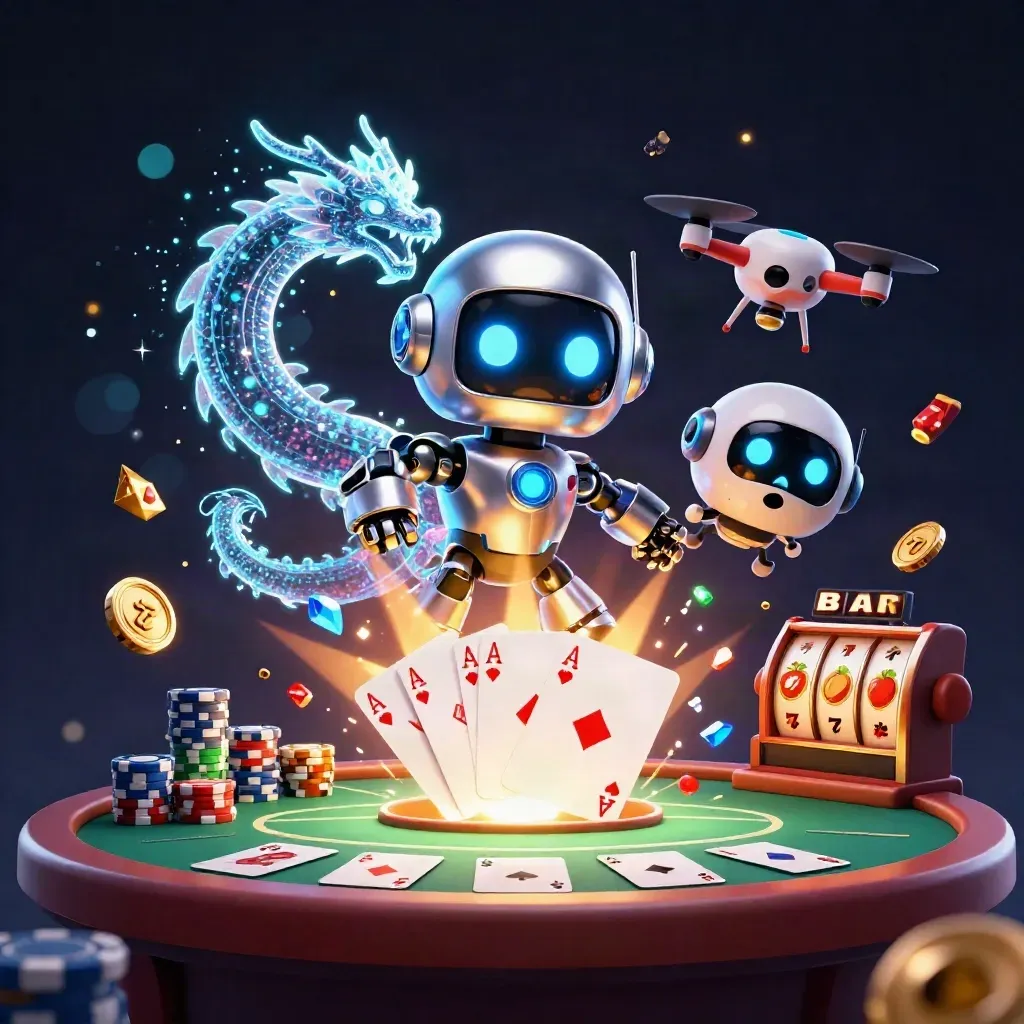 Cyberpunk robot, holographic dragon, and coin drone amid casino treasures and glowing chips