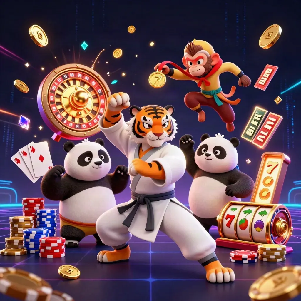 Kung-fu tiger, panda, and monkey burst through casino coins, cards, chips, and neon energy.