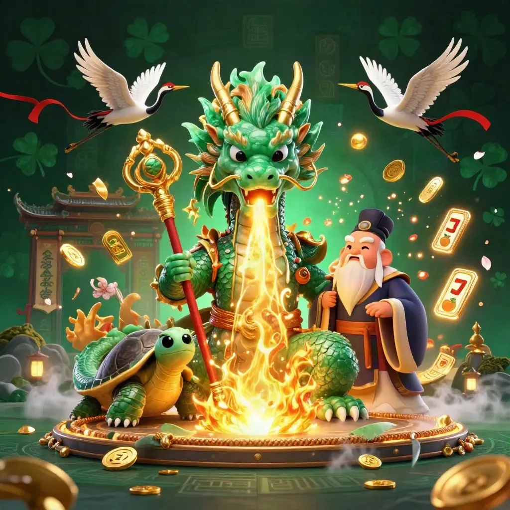 Dragon, turtle sage, and cranes in a glowing emerald casino fantasy scene with gold fire and treasure