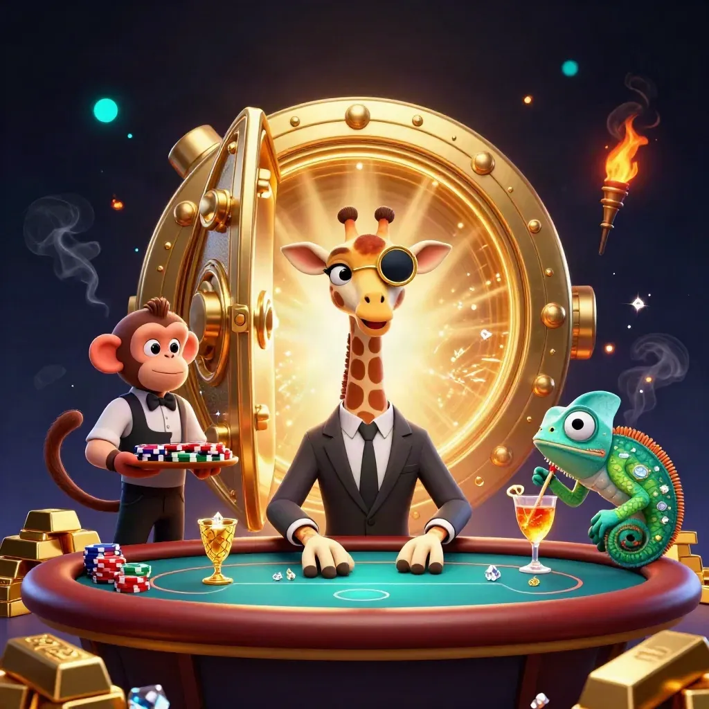 Giraffe, monkey and chameleon at a glowing vault amid gold, gems and blue magic.