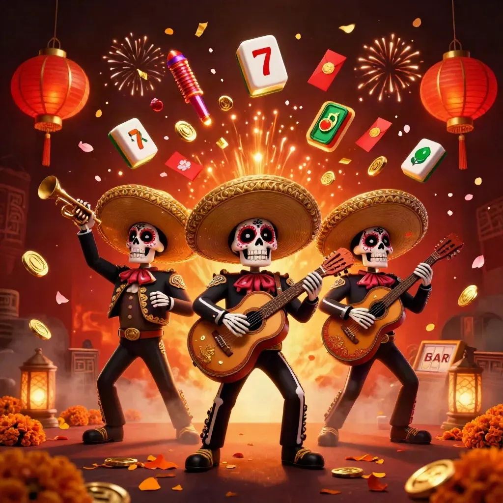 Day-of-the-Dead mariachi skeleton trio amid coins, lanterns, fireworks, and slot symbols.