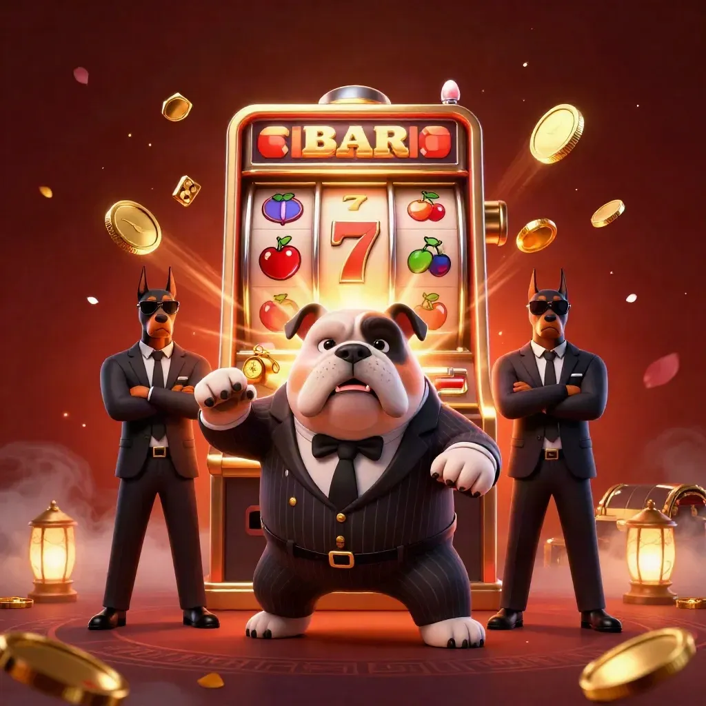 Bulldog mafia boss and two Dobermans amid exploding slot reels, gold coins, and fireworks.