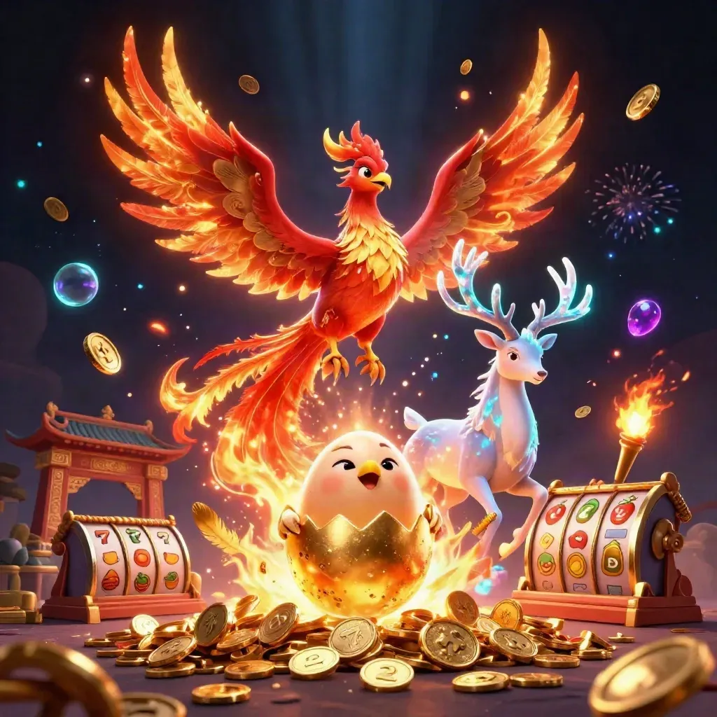 Phoenix, hatching chick and crystal stag amid vault burst, coins and fireworks