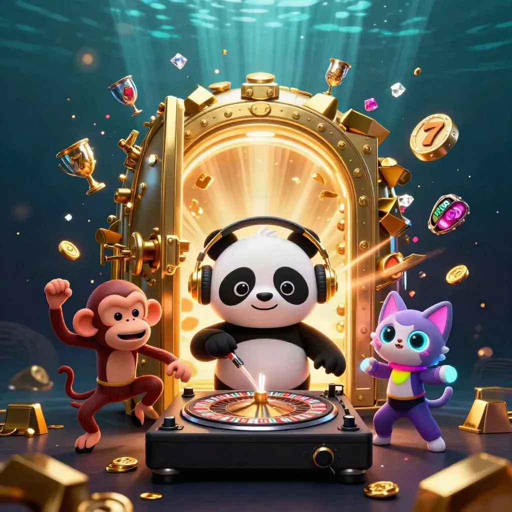 DJ panda, monkey and kitten burst from a golden vault in luxe casino light