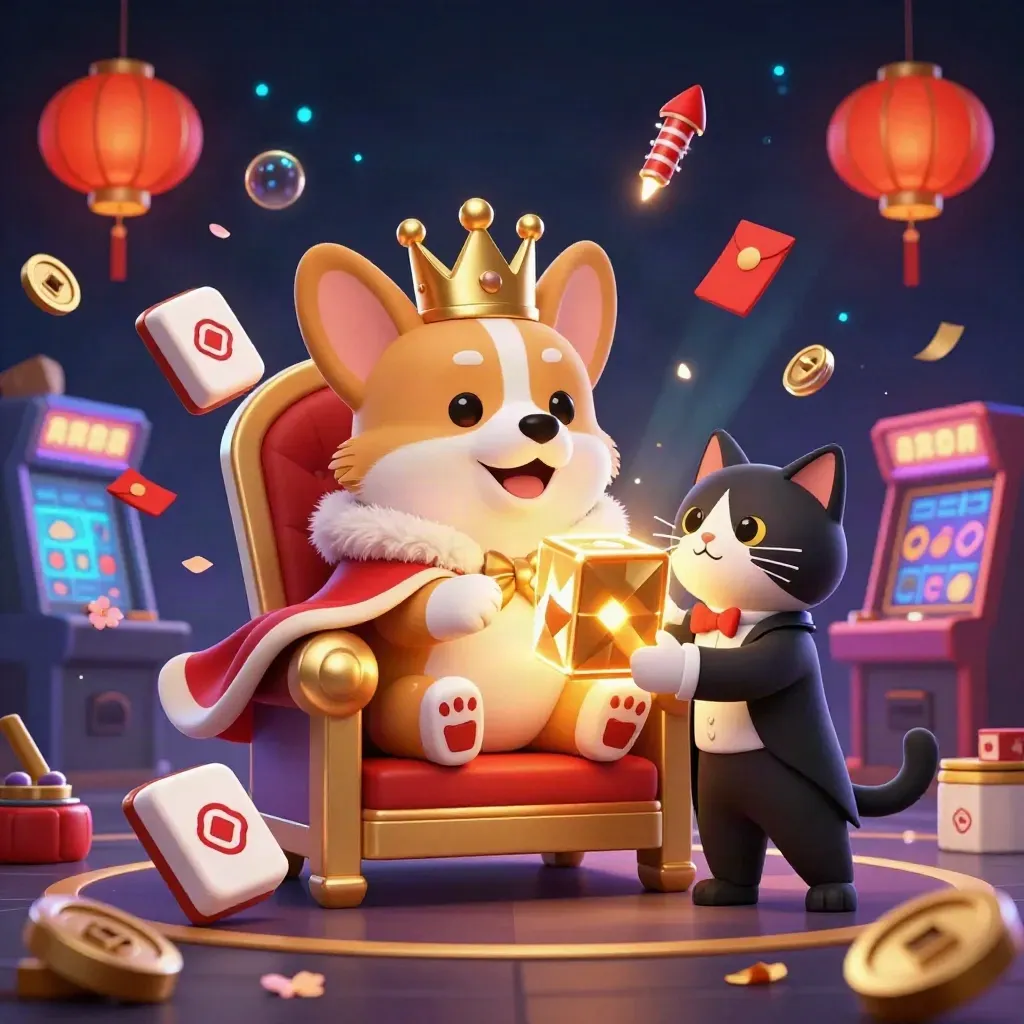 Royal corgi and cat butler amid casino symbols on a glowing dark throne