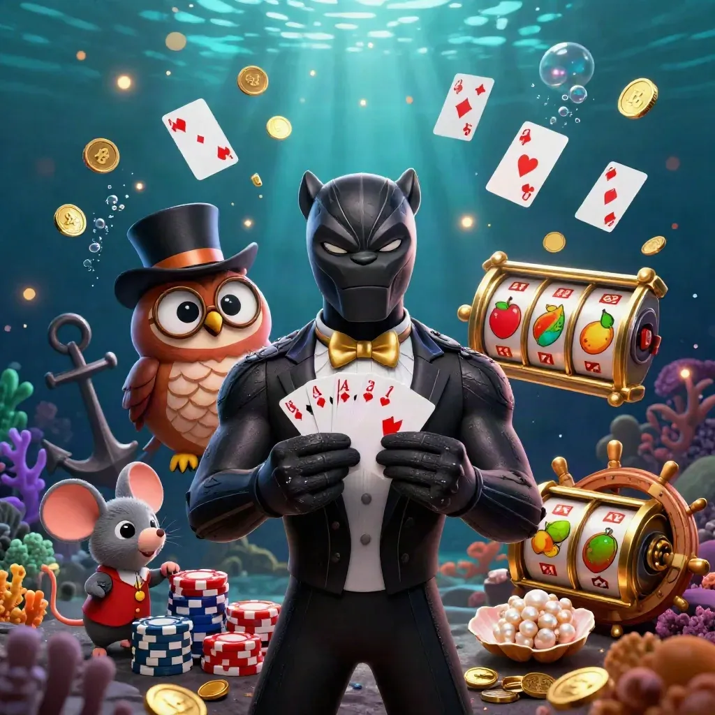 Panther, owl, and mouse team up amid glowing casino treasures under dark underwater light.