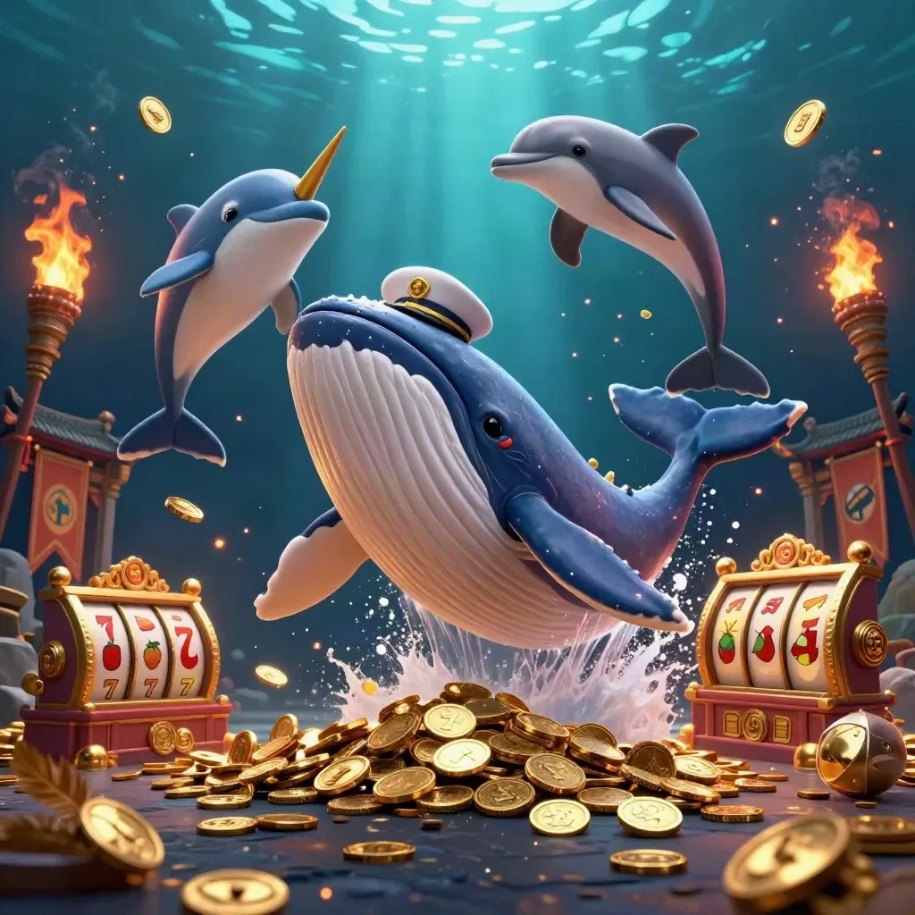 Captain whale, narwhal, and dolphins in a coin storm with casino glow