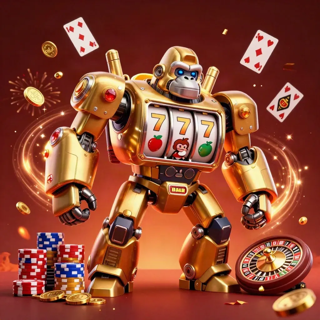 Golden gorilla slot-mech with monkey pilot amid coins, chips, cards, and glowing casino effects