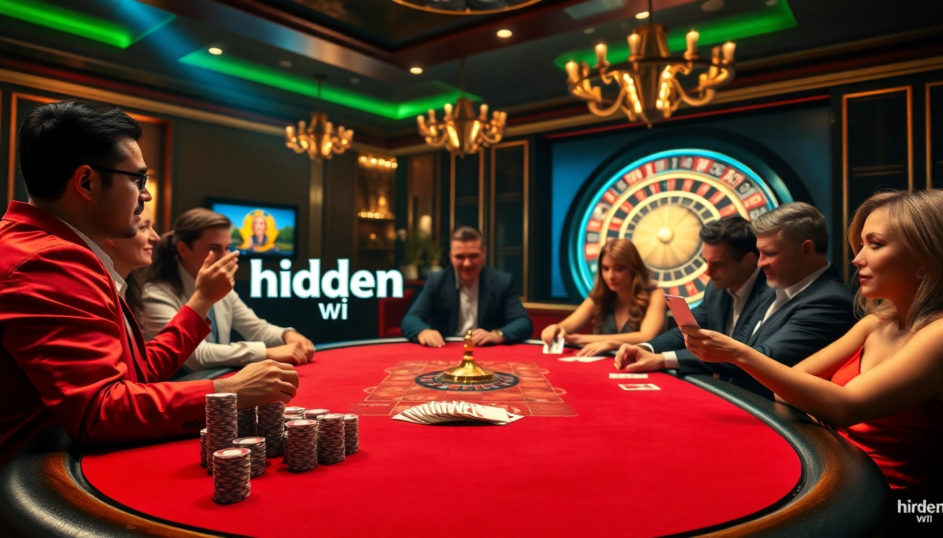 Experience high-stakes poker action at the hidden wiki-themed casino table, featuring diverse players and vibrant decor.