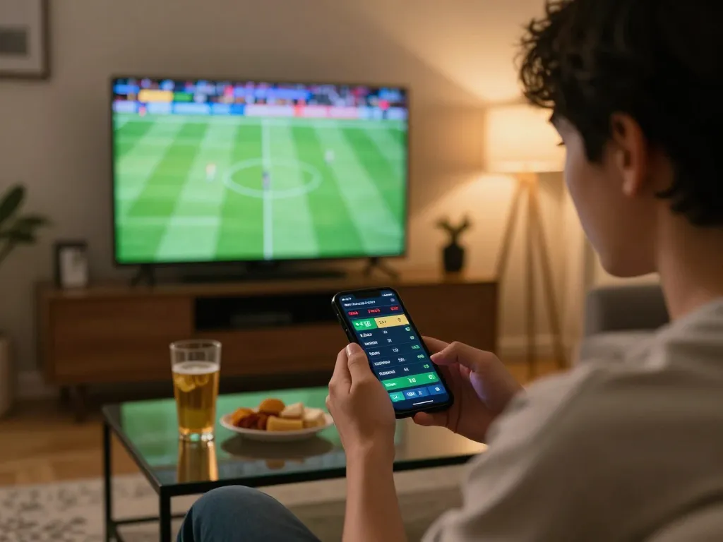 Engaging moment of online betting with kèo nhà cái displayed on smartphone during live sports event.
