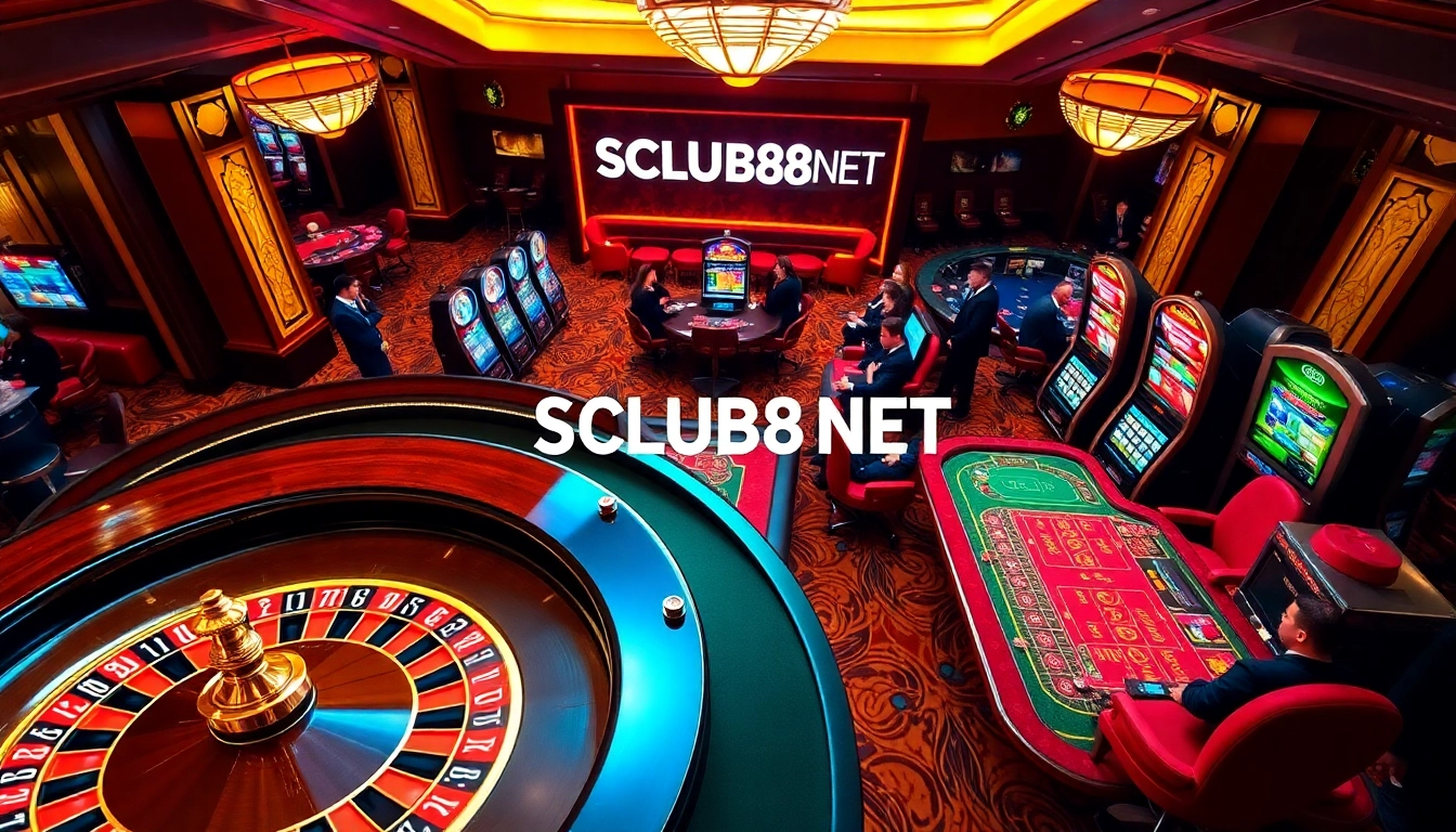 Players enjoying high-stakes action at SCLUB88 NET casino tables, showcasing roulette and poker excitement.