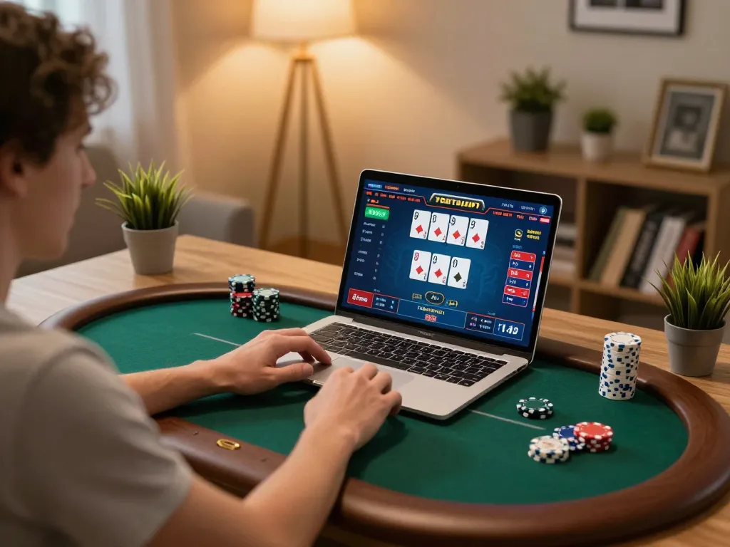 Engage in online gambling with the Link đăng ký Lu88 showcased on a laptop screen displaying a poker game.