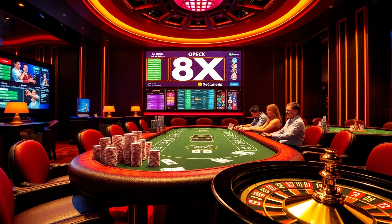 Players celebrating a winning moment at the 8XX casino poker table amidst luxury decor.