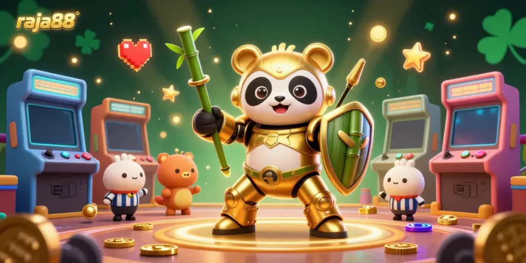 Experience thrilling gaming at raja88 with a vibrant arena scene featuring a golden panda and colorful game elements.