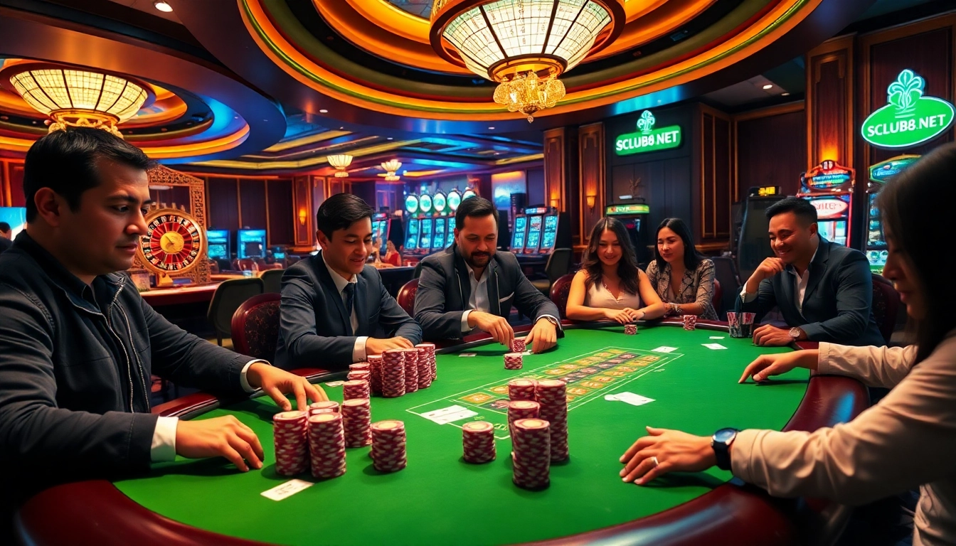 Experience the excitement at the SCLUB88 NET poker table surrounded by vibrant casino elements.