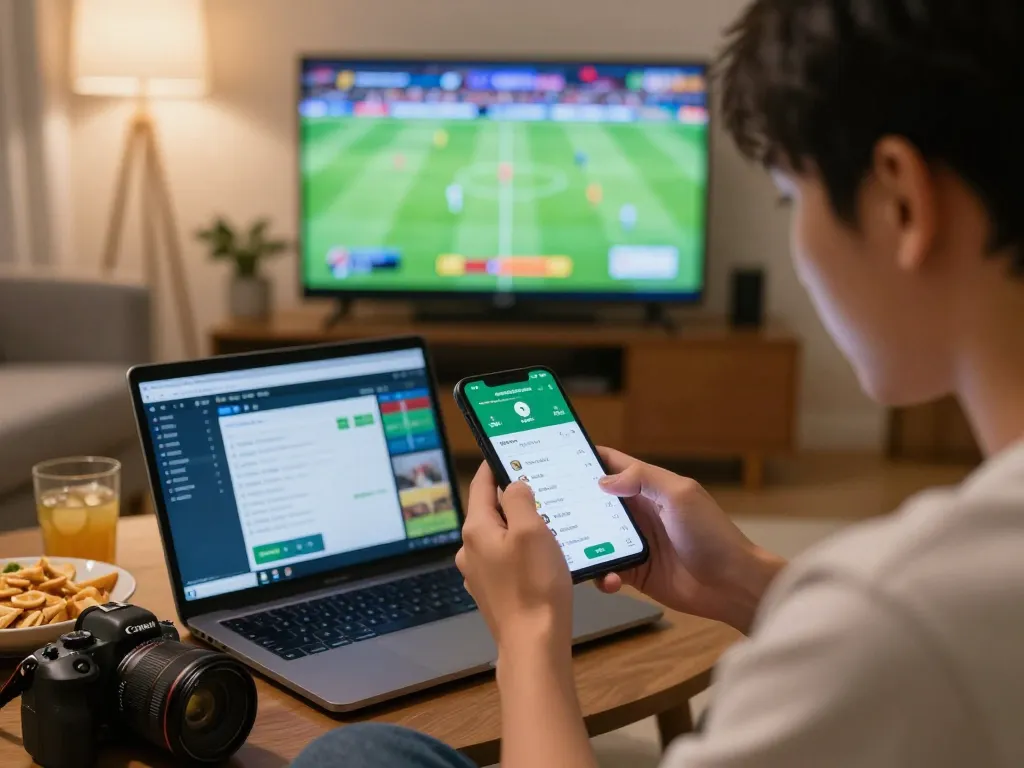 Person using nhandinhkeonhacai app for sports betting while watching a live football match