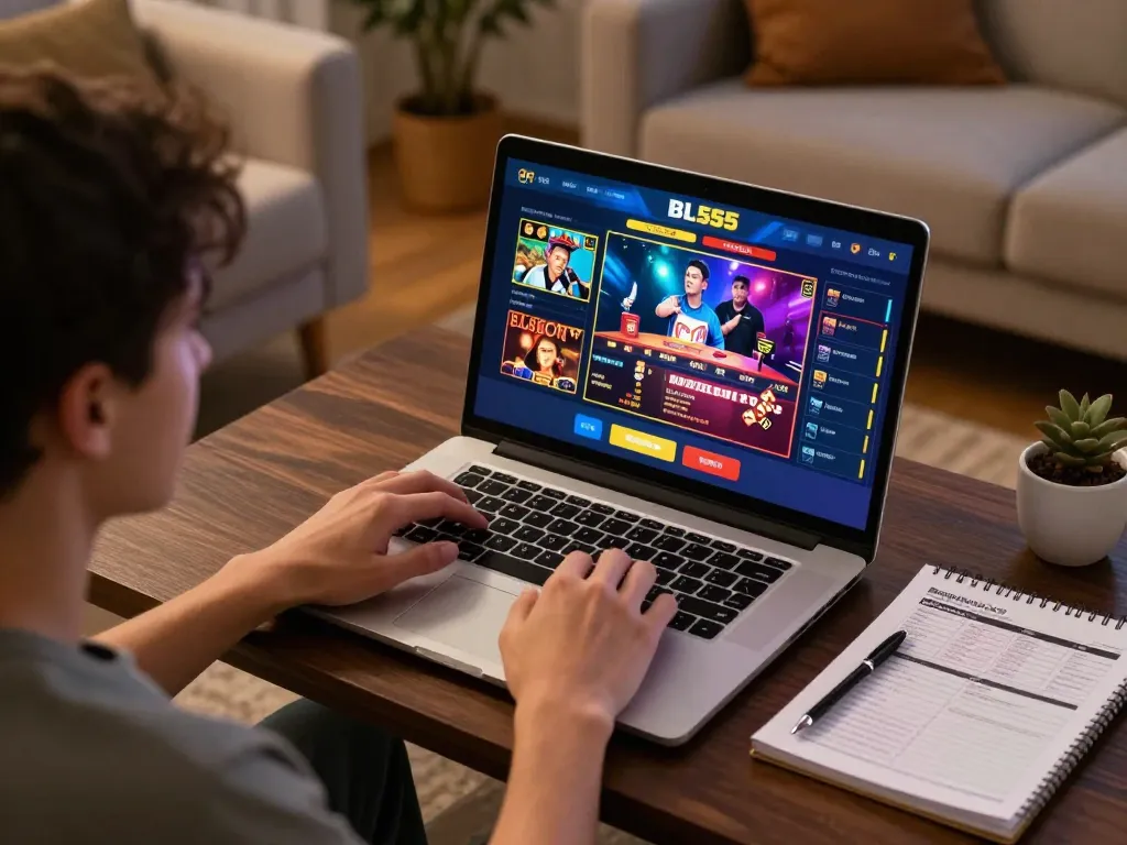 Player enjoying the BL555 online casino gaming experience on a laptop, immersing in responsible gambling.