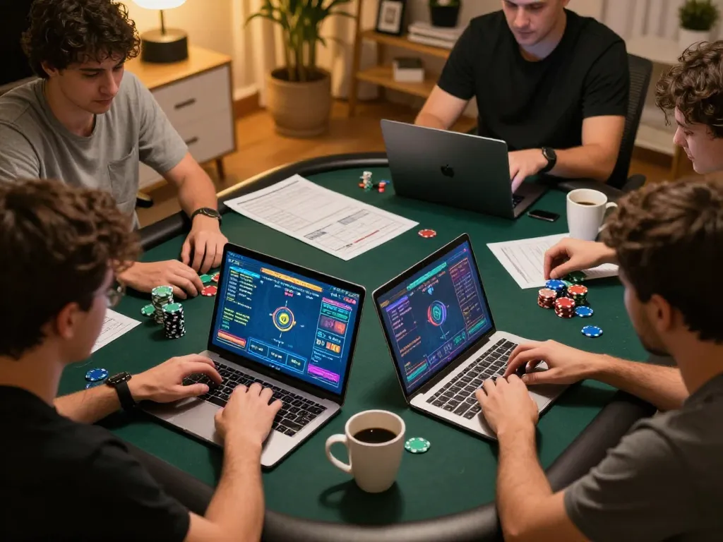 Players strategizing in an online poker game at home through hay88x, showcasing gaming intensity.