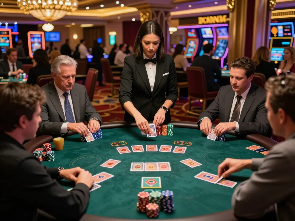 go99 blackjack table action with players and dealer in vibrant Las Vegas casino.