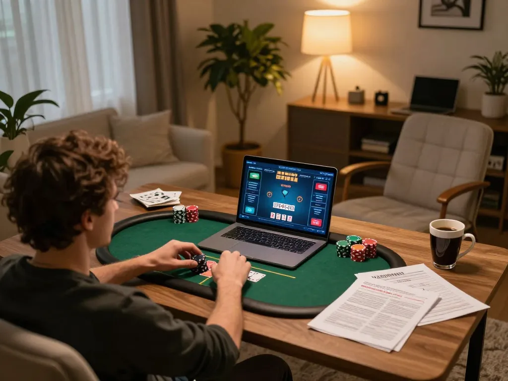 Player engaging in online poker with f8betz, enjoying a strategic gaming session at home.