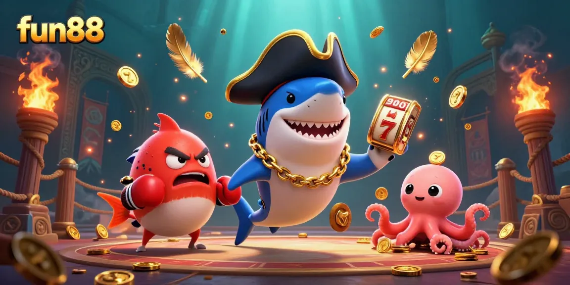 Join the adventure at fun88 with a thrilling gaming scene featuring cartoon characters, gold coins, and jackpot excitement.