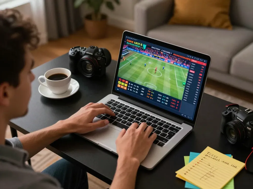 Bong88 user engaged in sports betting on laptop with vibrant live odds and statistics.