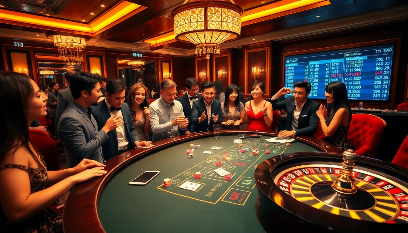 Exciting gameplay at trang chủ mm88 with players enjoying blackjack and roulette in a luxurious casino.