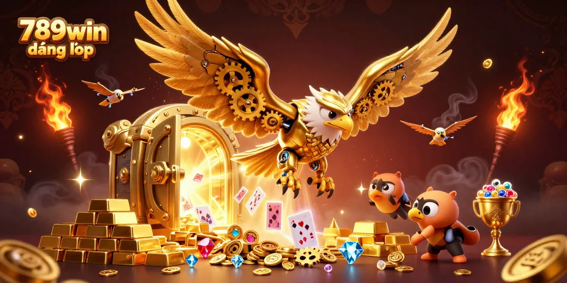 Experience thrilling wins with 789win đăng nhập featuring 3D cybernetic eagle and golden treasures.