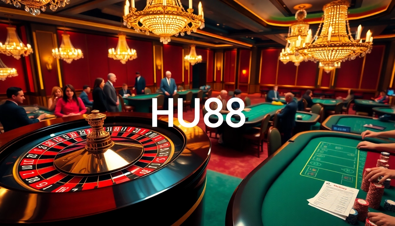 Engaging players at HU88 gaming tables with vibrant casino atmosphere.