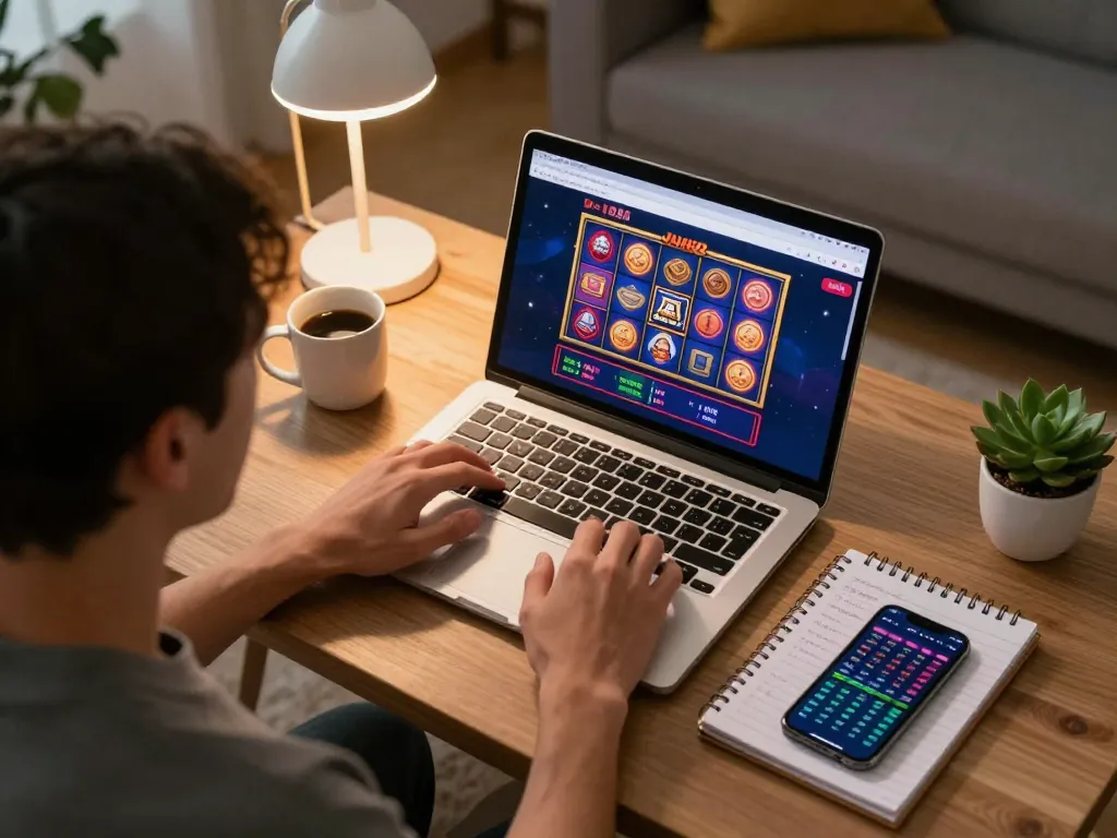 Player engaging with Jun88 online casino laptop interface in a cozy living room setup.