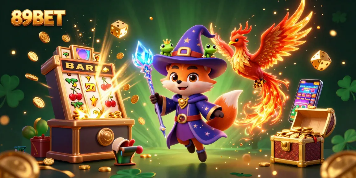 Experience thrilling 89BET slot adventures with a wizard, phoenix, and frog amid dynamic casino elements.