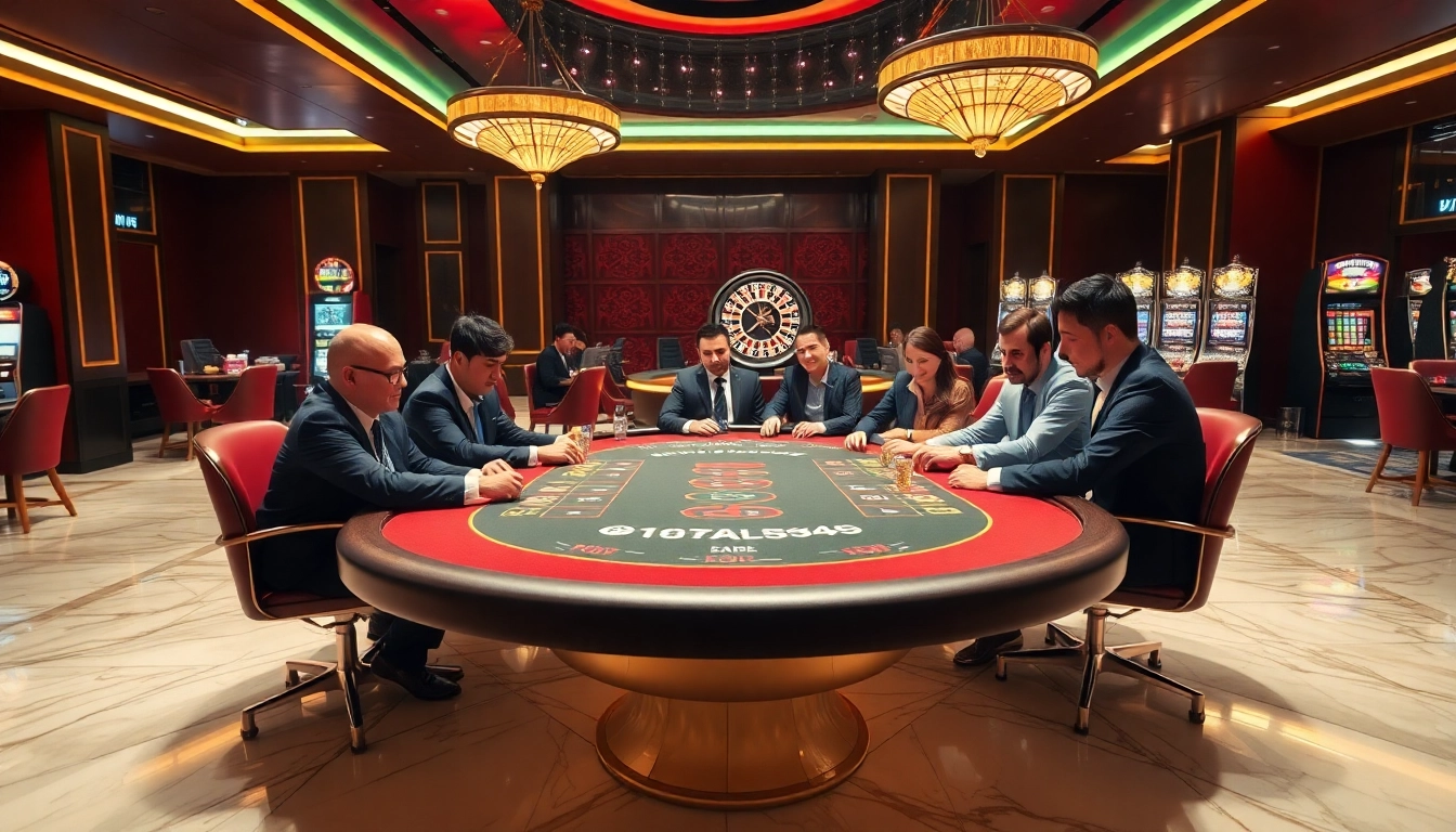Players enjoying an exciting poker game at KIM88 casino, surrounded by vibrant lights and luxury decor.