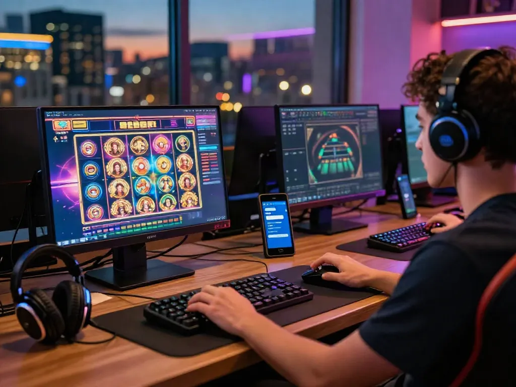 Engaging online gaming moment at a casino that accepts credit card, showcasing vibrant graphics and gaming accessories.