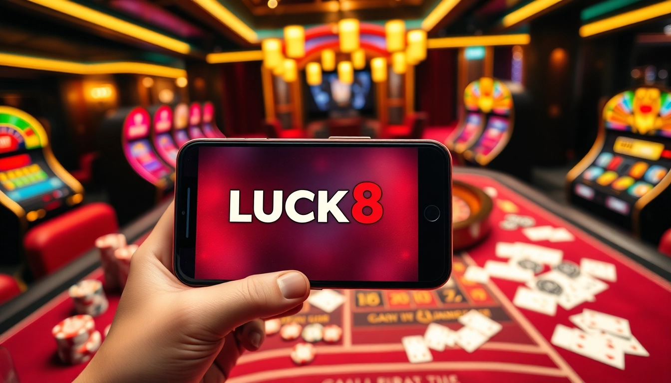 The LUCK8 APP showcased on a smartphone amidst a vibrant casino scene filled with gaming elements.