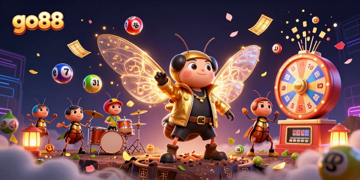 Experience go88 with vibrant lottery elements, a cicada rock star, and crickets in a lively scene.