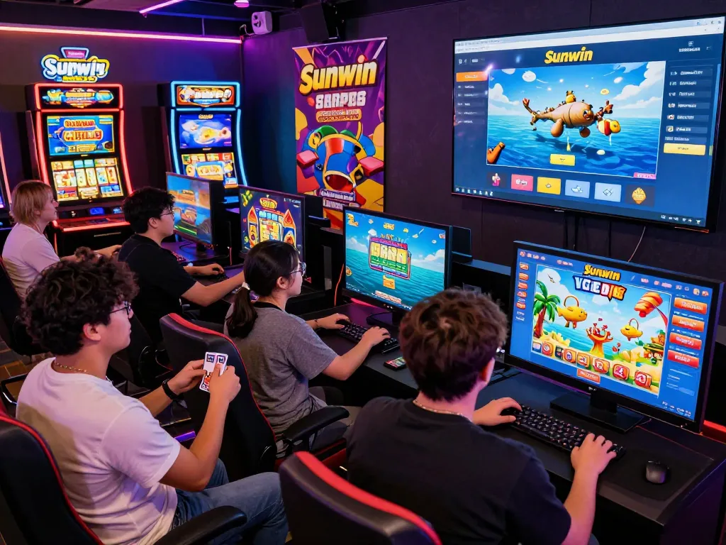 Sun win gaming platform experience with players enjoying card games and slot machines in a vibrant environment.