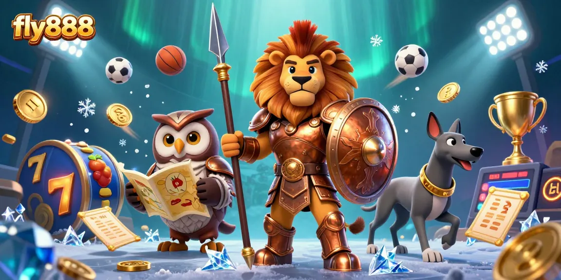 Experience exciting gaming action at fly888 with a dynamic 3D illustration of a Spartan lion, strategic owl, and swift greyhound amidst vibrant casino elements.