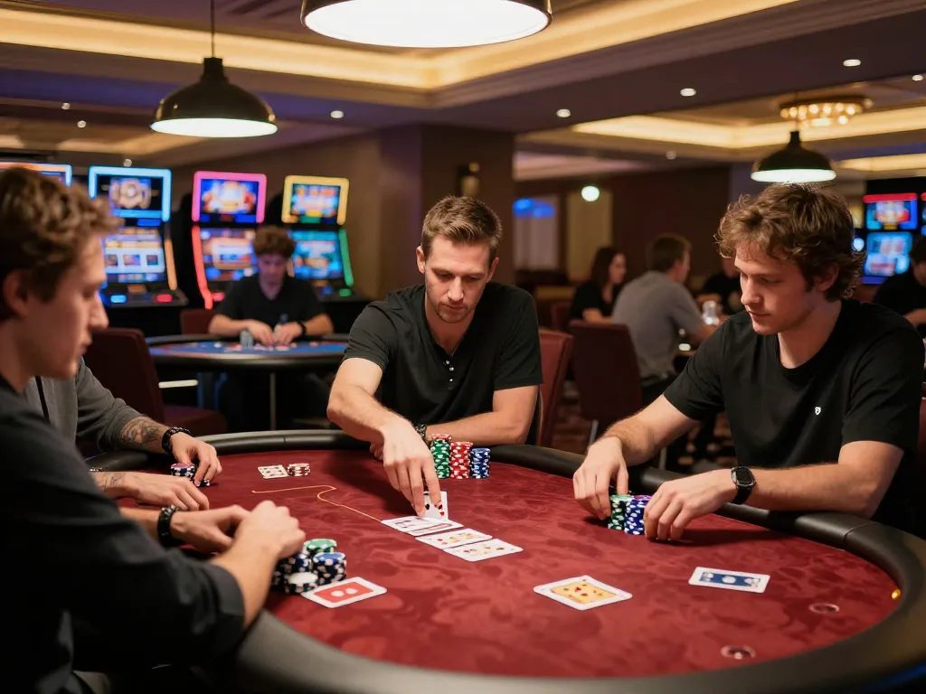 Players engaged in intense poker gameplay at the stunning 88aa8 casino, showcasing strategy and excitement