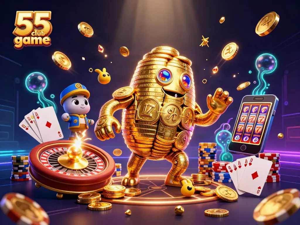 Experience the thrill of the 55 club game with a golden golem and vibrant casino elements.