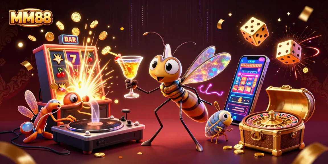 Experience MM88's vibrant casino atmosphere with a dynamic 3D illustration of a frozen mosquito mascot, trilobite DJ, and golden roulette wheel.