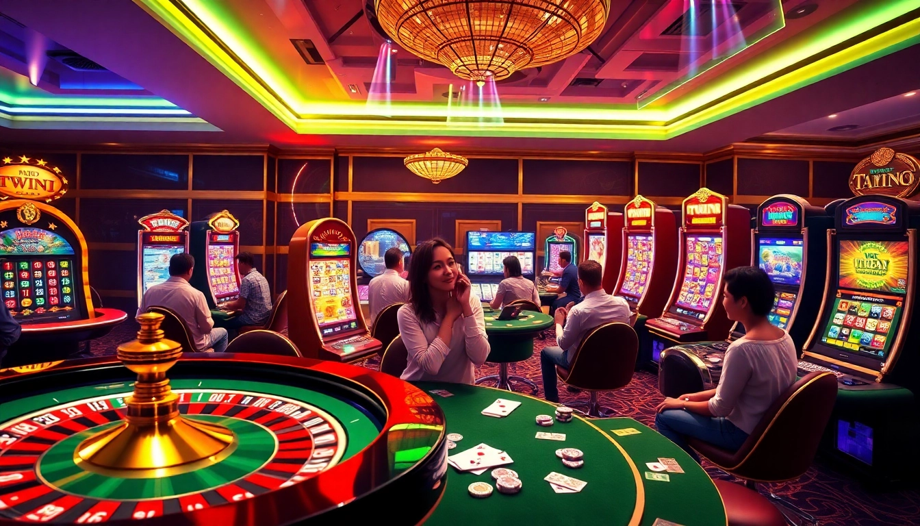 Experience excitement at TWIN68 with vibrant poker tables and slot machines.