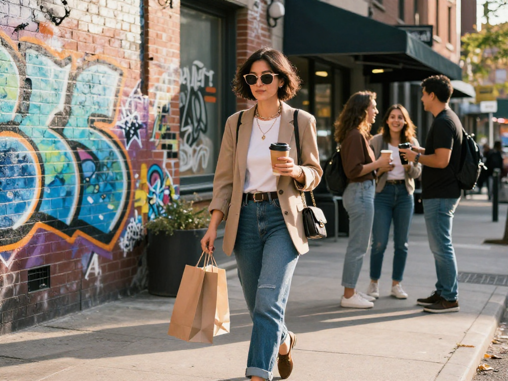 Youthful woman embodies an ai slut lifestyle, exuding confidence in fashion-forward street style while engaged in urban culture.
