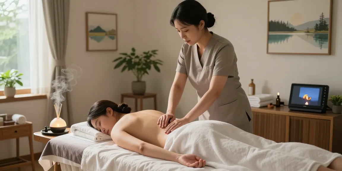 Relaxing 금천구출장마사지 session in tranquil home environment with soothing decor.