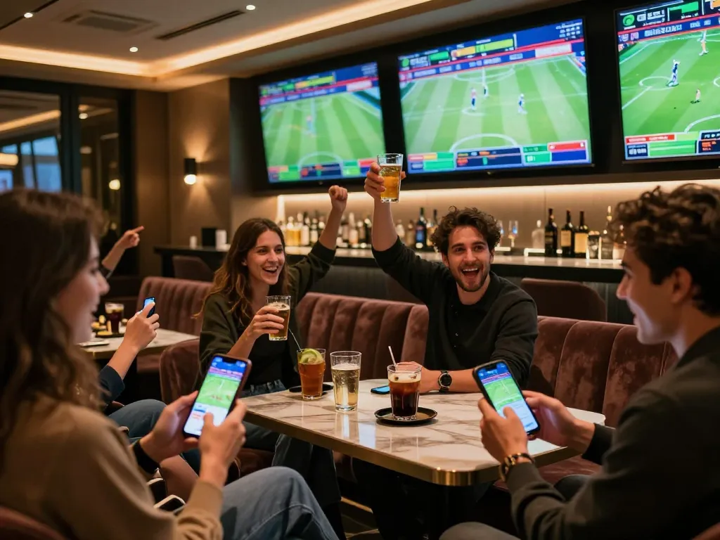 SC88 users placing sports bets in a vibrant lounge with high-definition screens and a lively atmosphere.