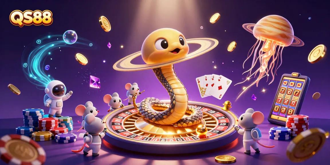 Experience thrilling bets at QS88 with cartoon characters and vibrant casino elements in a cosmic setting.