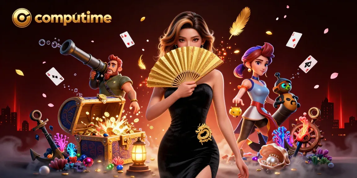 Experience thrilling online gaming action with computime, featuring a stylish Asian woman amidst golden treasures.