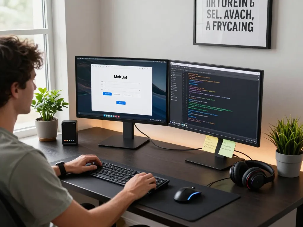Moltbot mac setup in a modern home office with dual monitors and tech gadgets.