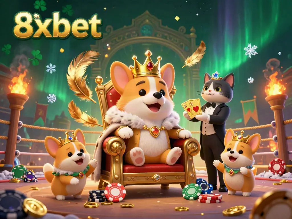 Experience thrilling bets with the vibrant 8xbet illustration showcasing a royal corgi in a casino setting.