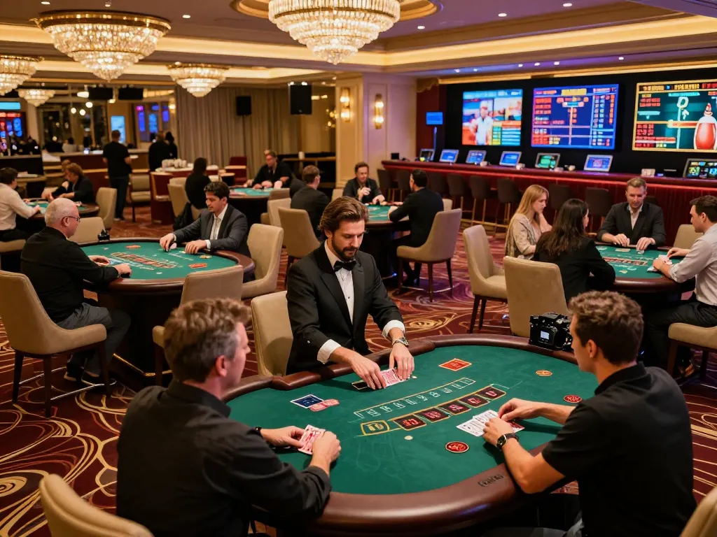 Players engaging at blackjack tables in a vibrant casino scene showcasing ATQ 777x excitement.